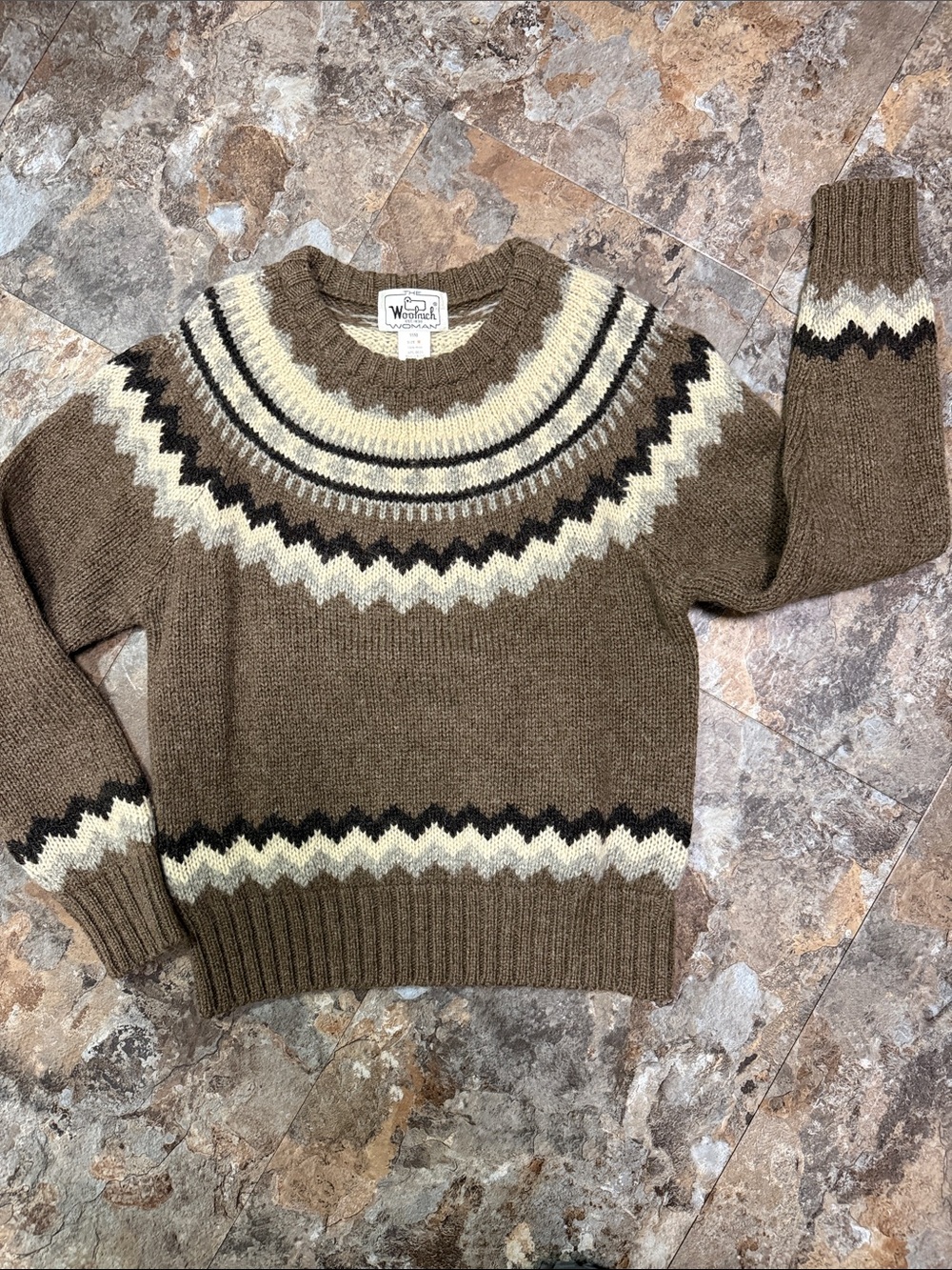 Woolrich Brown Fair Isle Crewneck Sweater with Cream & Black Accents